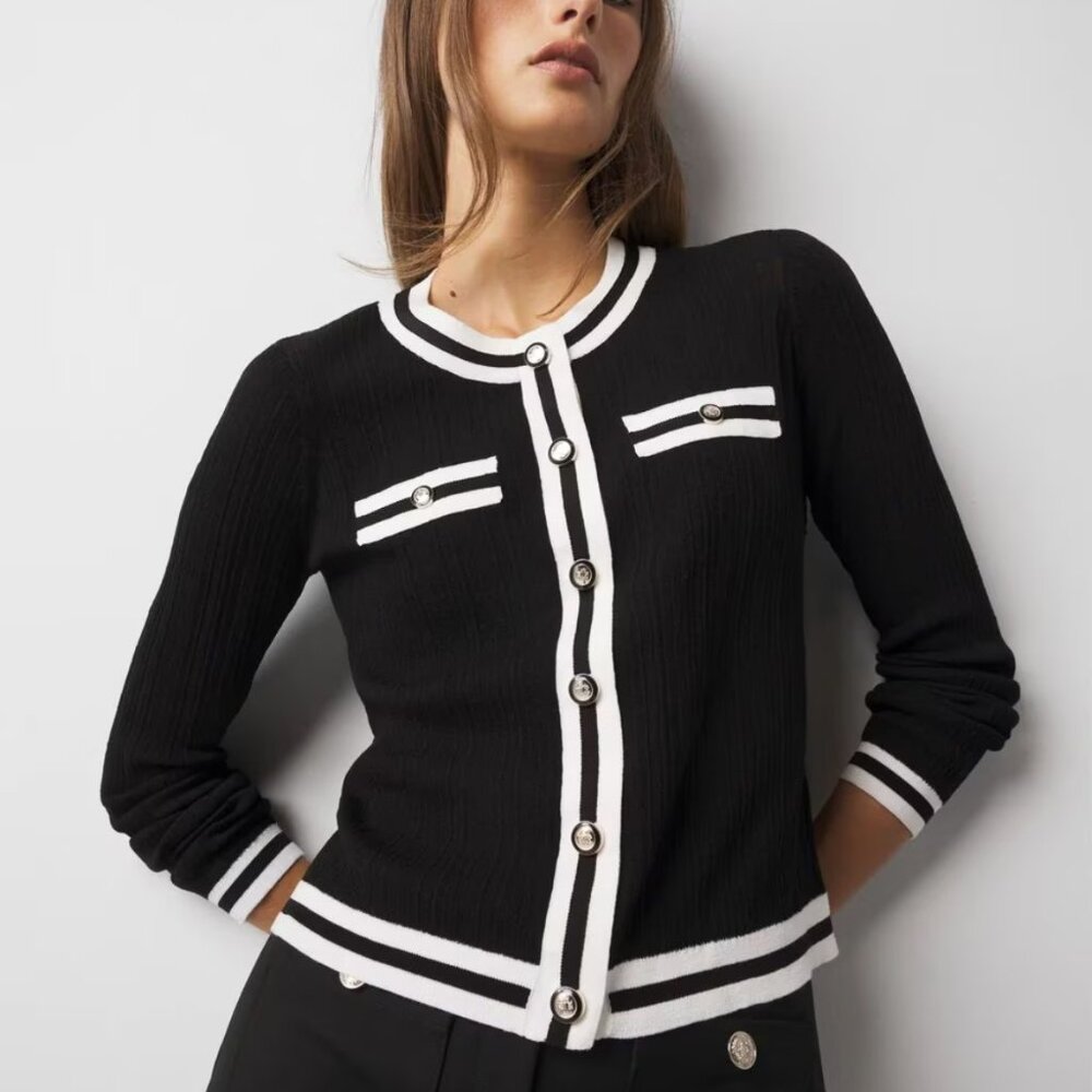 nwt WHITE HOUSE BLACK MARKET snap front piped stretchy cardigan sweater m